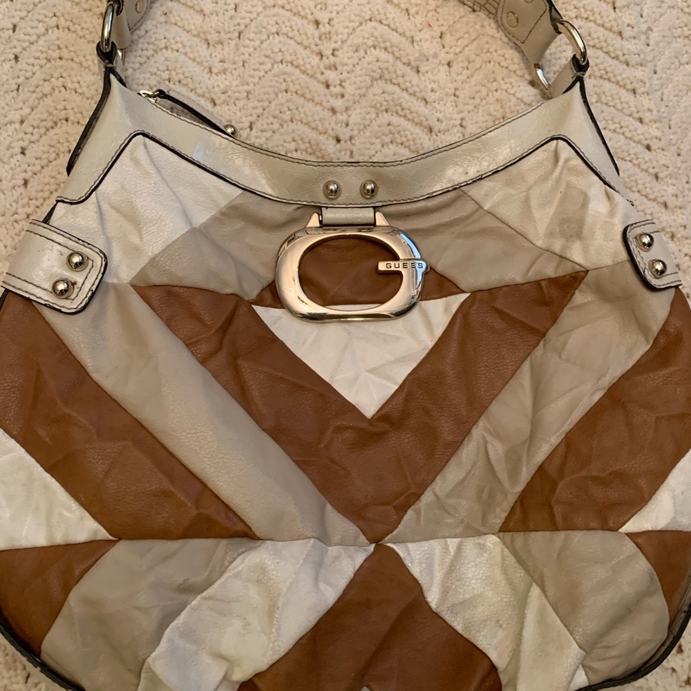 Euc Guess Brown White Tan Leather Shoulder Bag Pu… - image 4